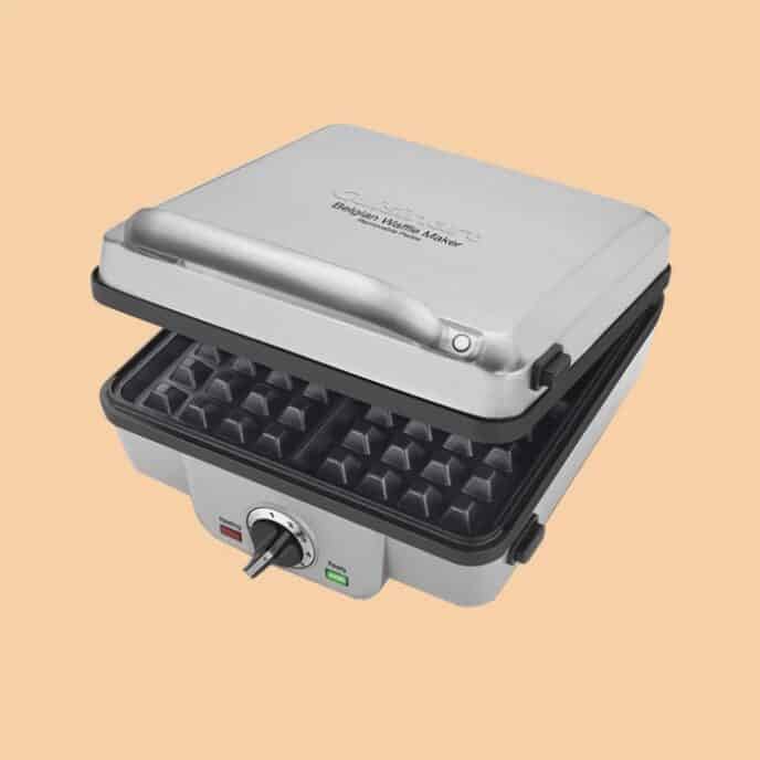 A stainless steel waffle maker.
