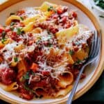 Close up on a bowl of pasta with bolognese sauce.