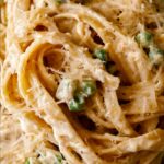 Close up on browned butter fettuccine alfredo.