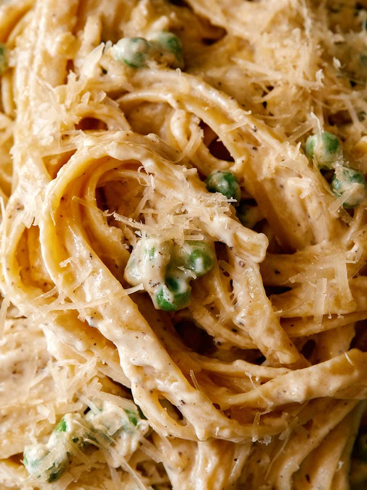 Browned Butter Fettuccine Alfredo up close to see the parmesan on top.