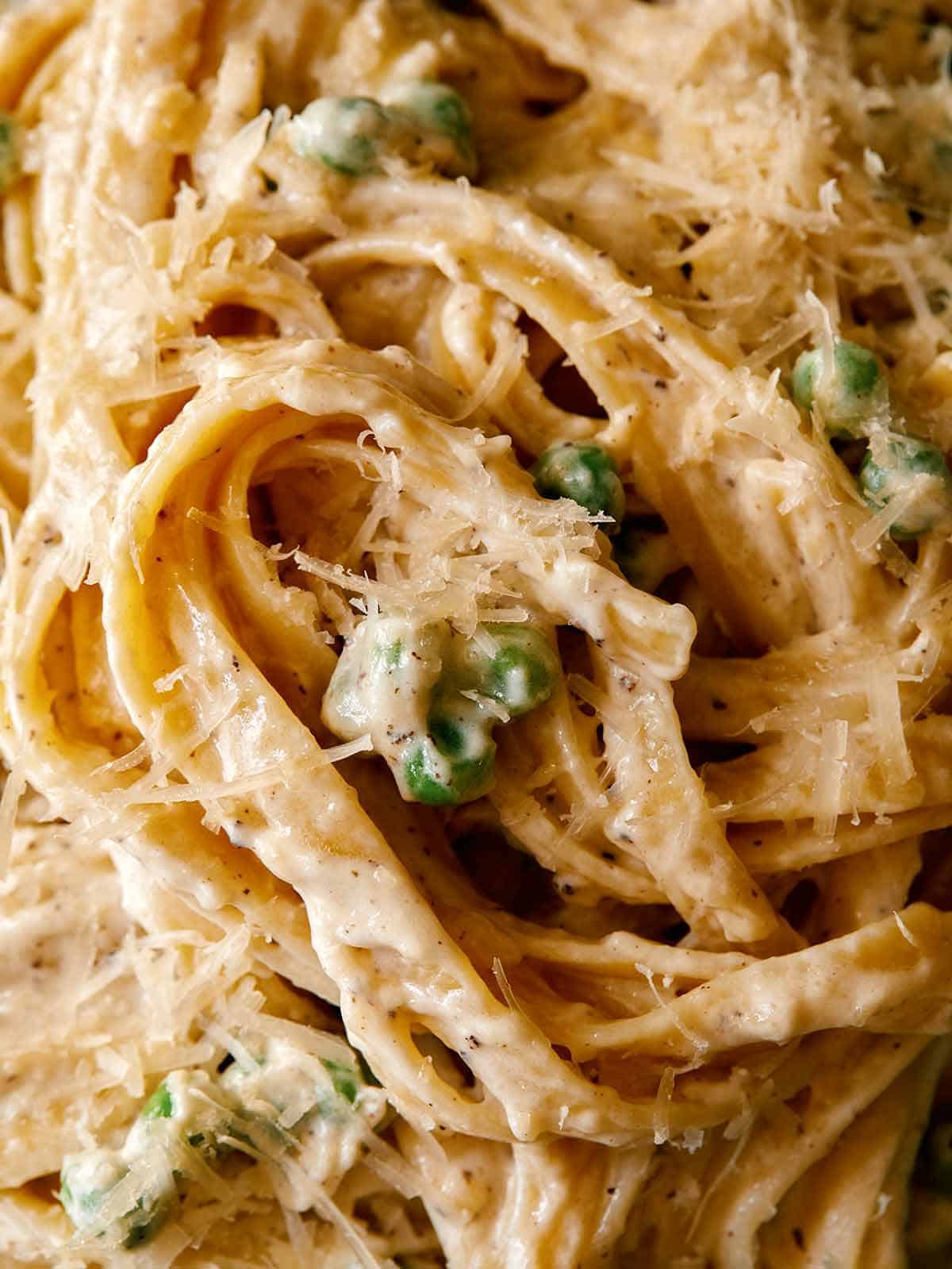 Browned Butter Fettuccine Alfredo up close to see the parmesan on top. 