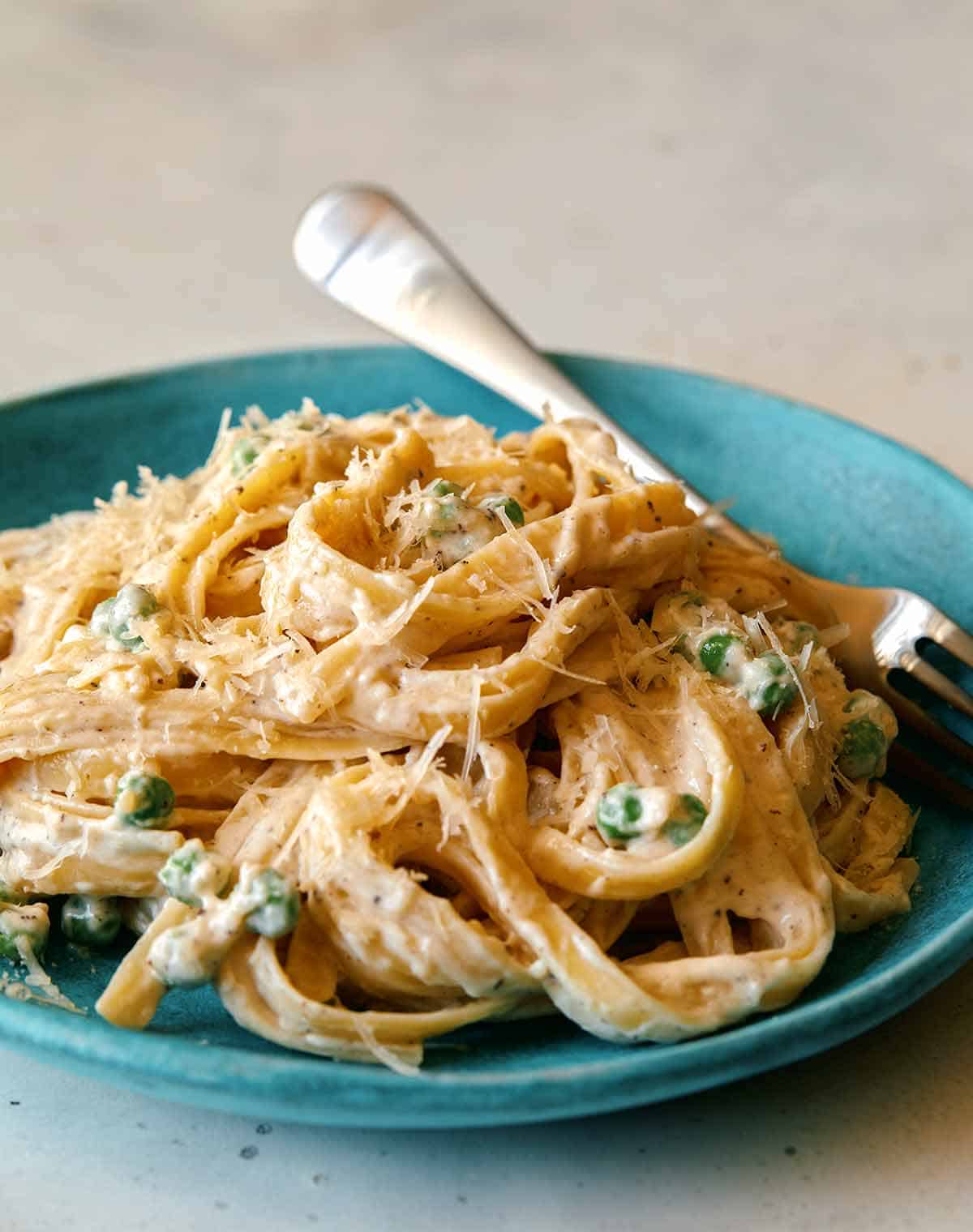 Browned Butter Fettuccine Alfredo up close to see the parmesan on top.