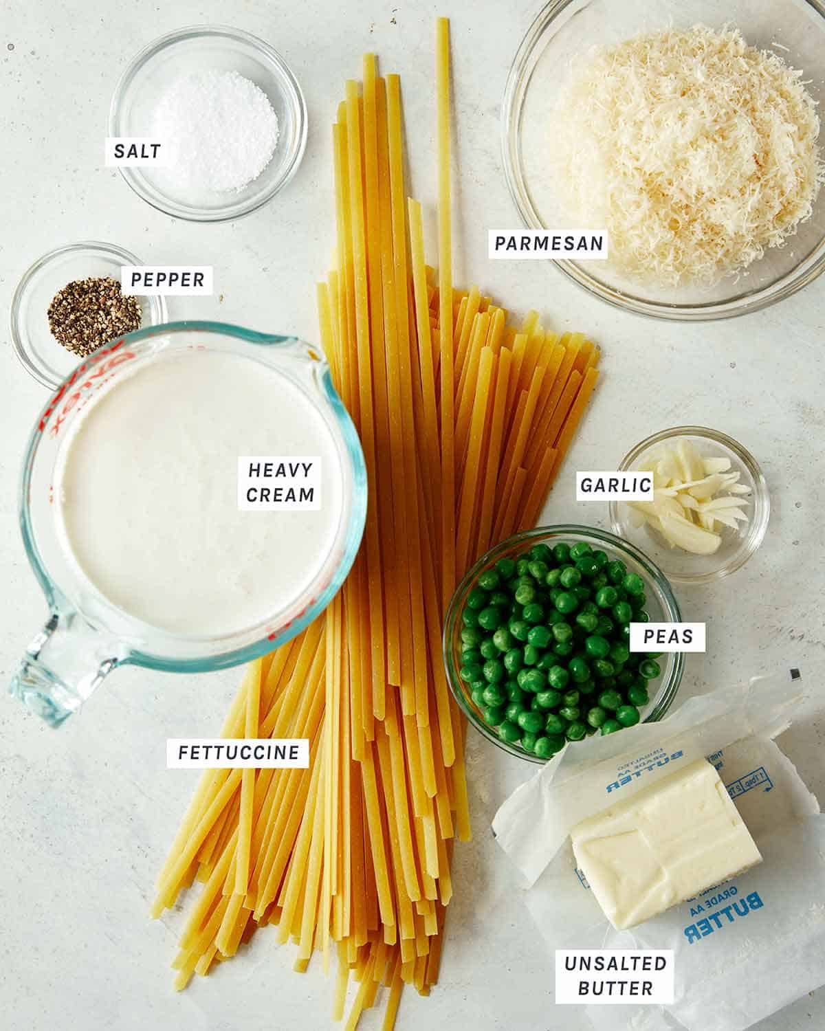 Ingredients for Browned Butter Fettuccine Alfredo all laid out on a kitchen counter. 