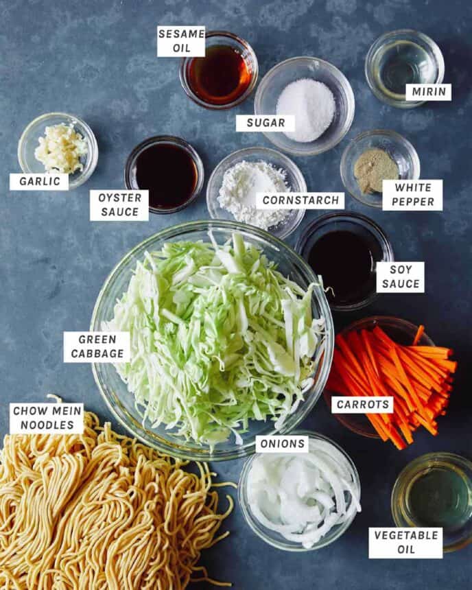 Chow Mein Noodles ingredients all laid out on a counter.