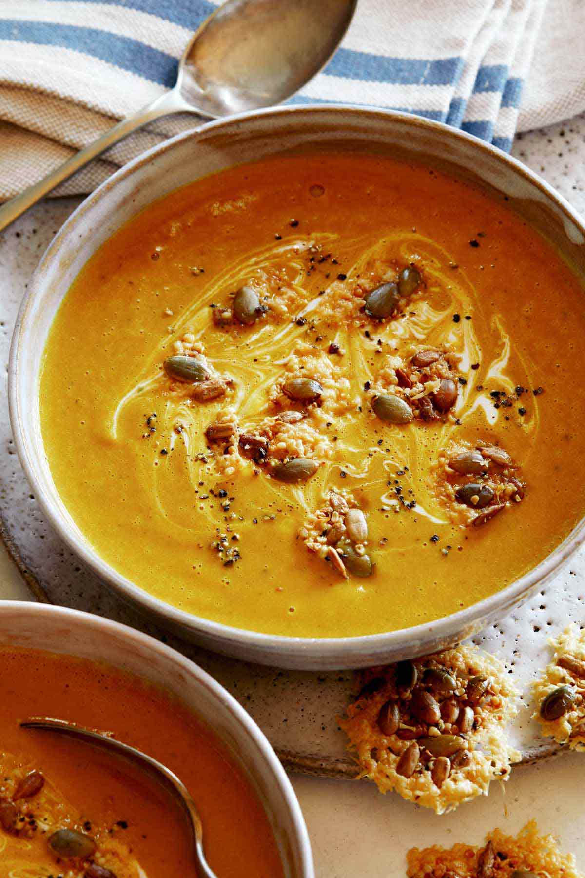 Creamy Pumpkin Soup Spoon Fork Bacon
