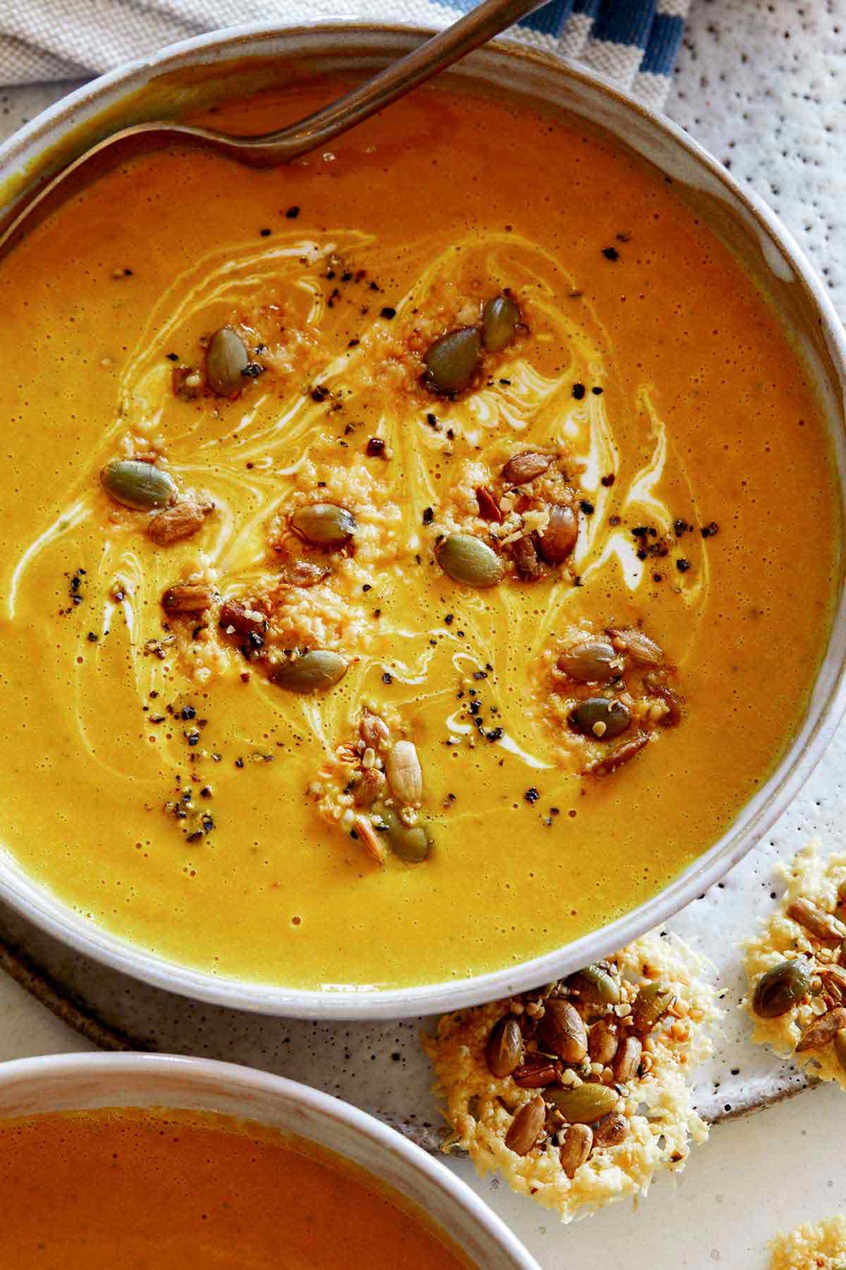 Creamy Pumpkin Soup Spoon Fork Bacon