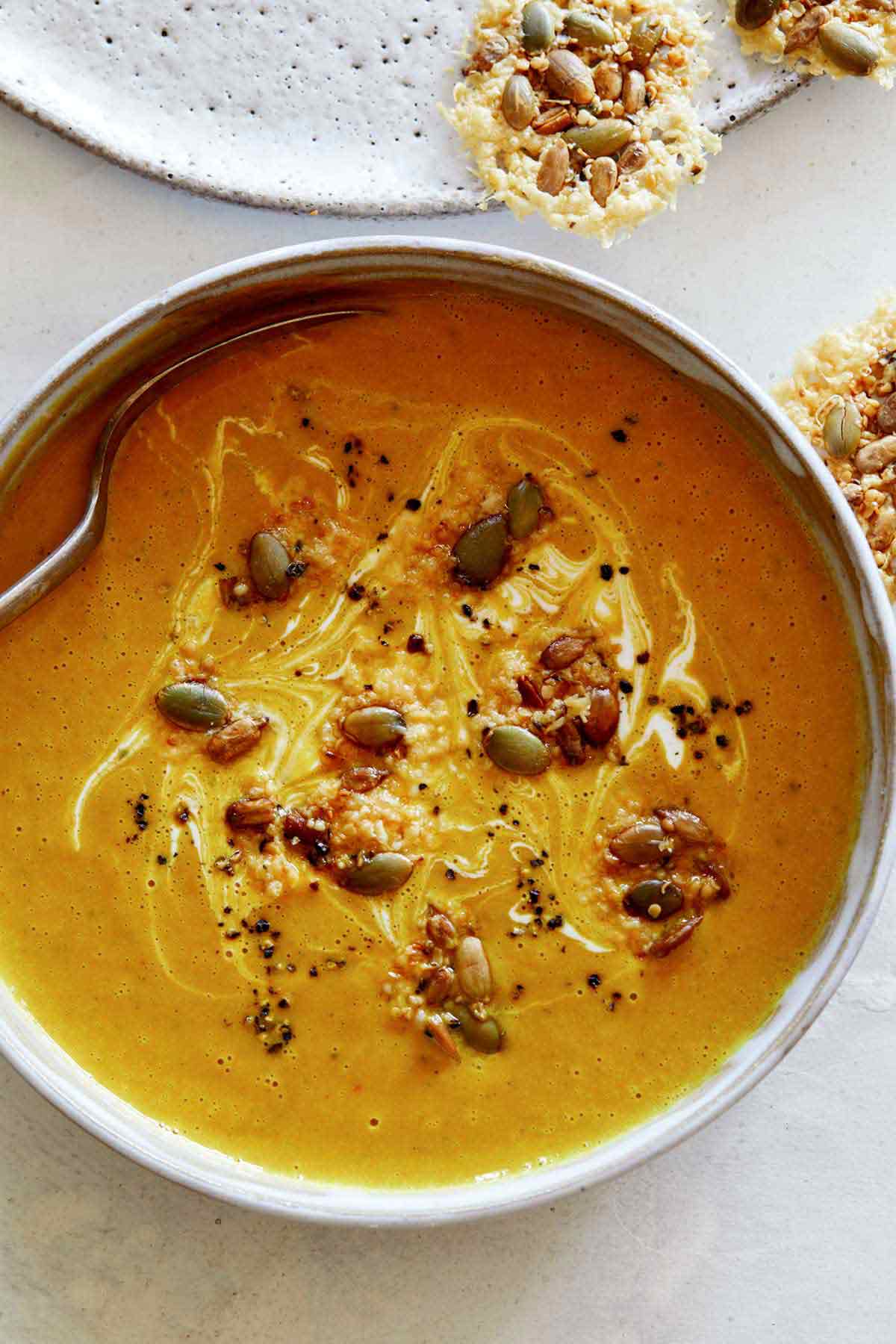 Creamy Pumpkin Soup Spoon Fork Bacon