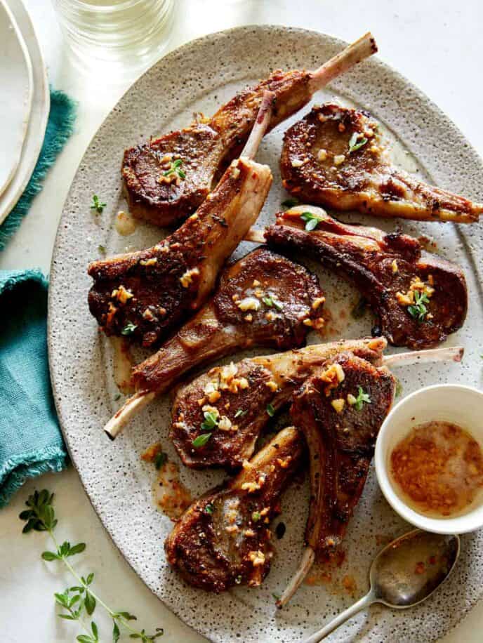 Garlic Butter Lamb Chops on a platter, part of our Christmas Dinner Ideas. 