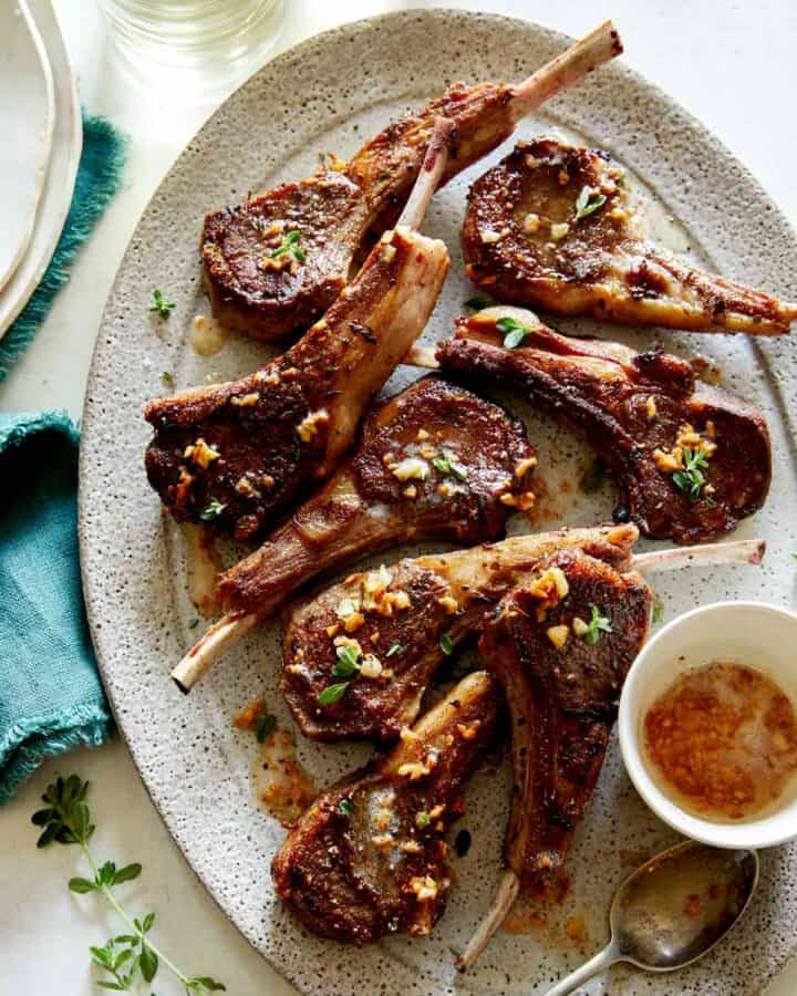 Garlic Butter Lamb Chops on a platter, part of our Christmas Dinner Ideas.