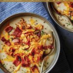 Bowls of loaded baked potato soup with spoons.