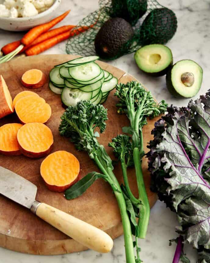 Ingredients for grain bowls on a kitchen counter. 