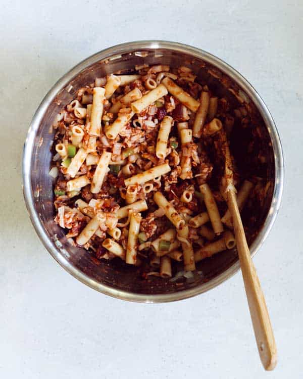 A bowl full of ziti to be used in baked ziti.