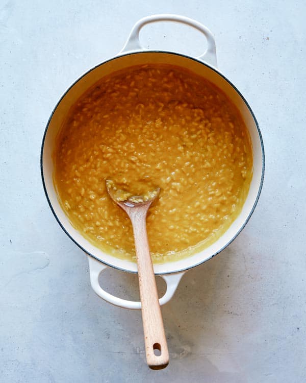 Pumpkin risotto in a bit pot.