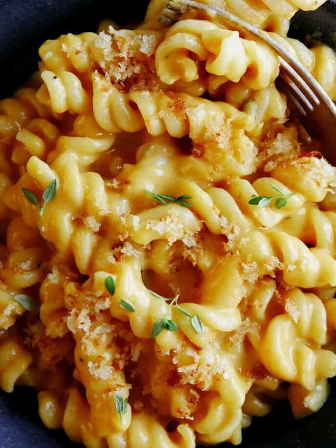 A close up on a bowl of pumpkin mac and cheese.