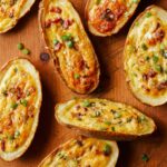 Several potato skin egg boats on wood.