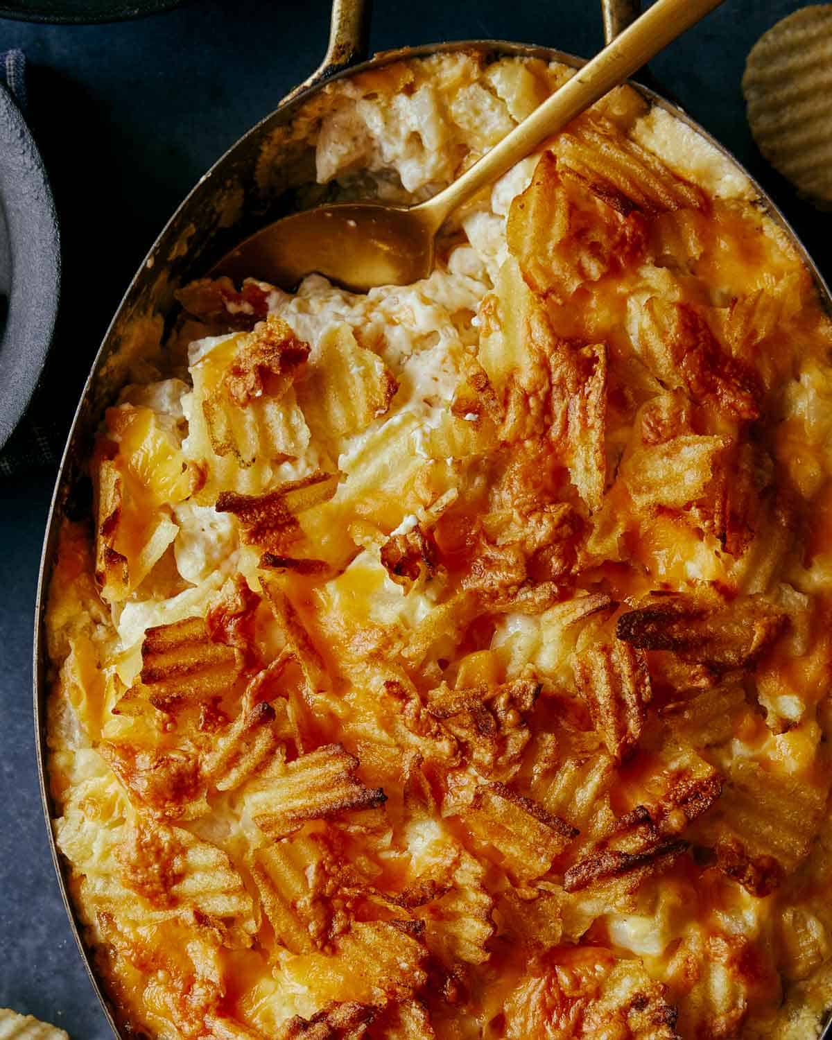 A close up on a Cheesy Potato Casserole.
