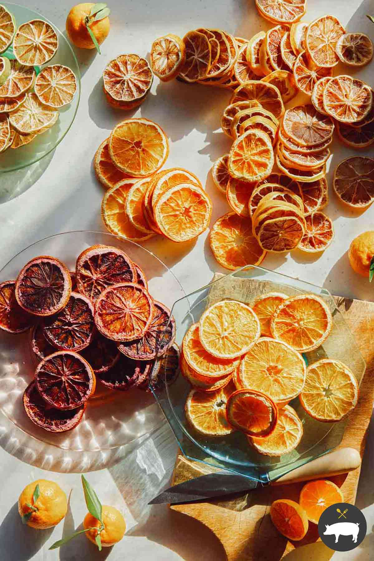 Dehydrated citrus on a surface on plates with fresh citrus.