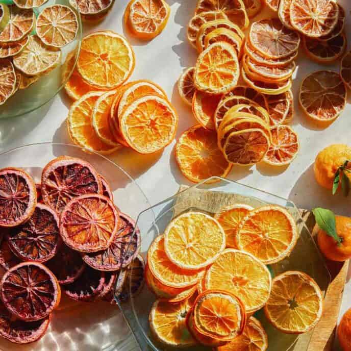 A variety of dehydrated citrus wheels on plates. 