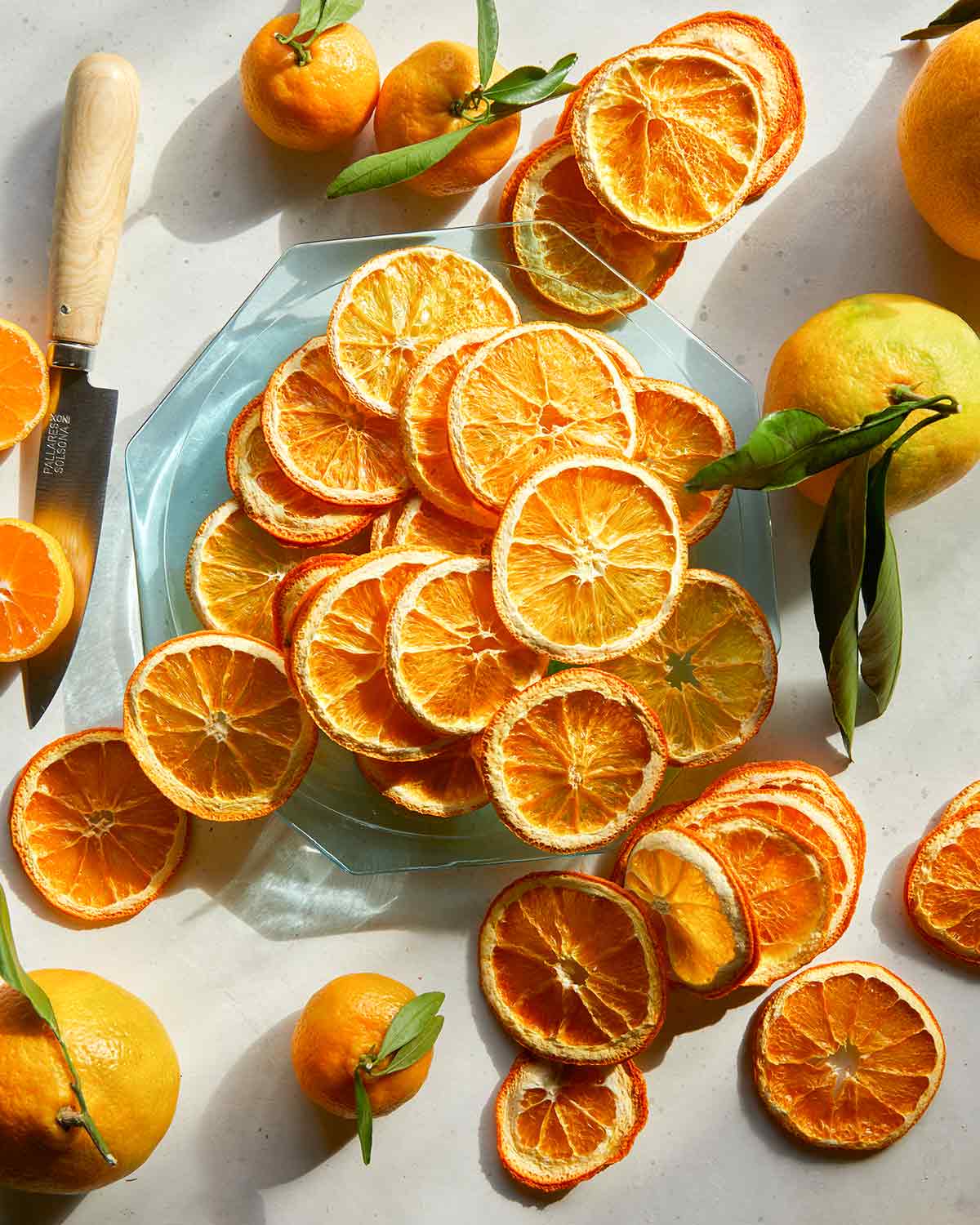 Dehydrated orange slices on a plate with some whole oranges next to it.
