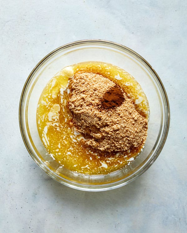 Ingredients for our french silk pie crust in a bowl.