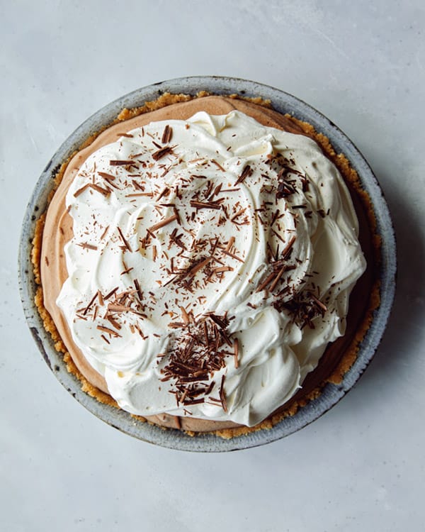 French silk pie on a kitchen counter.