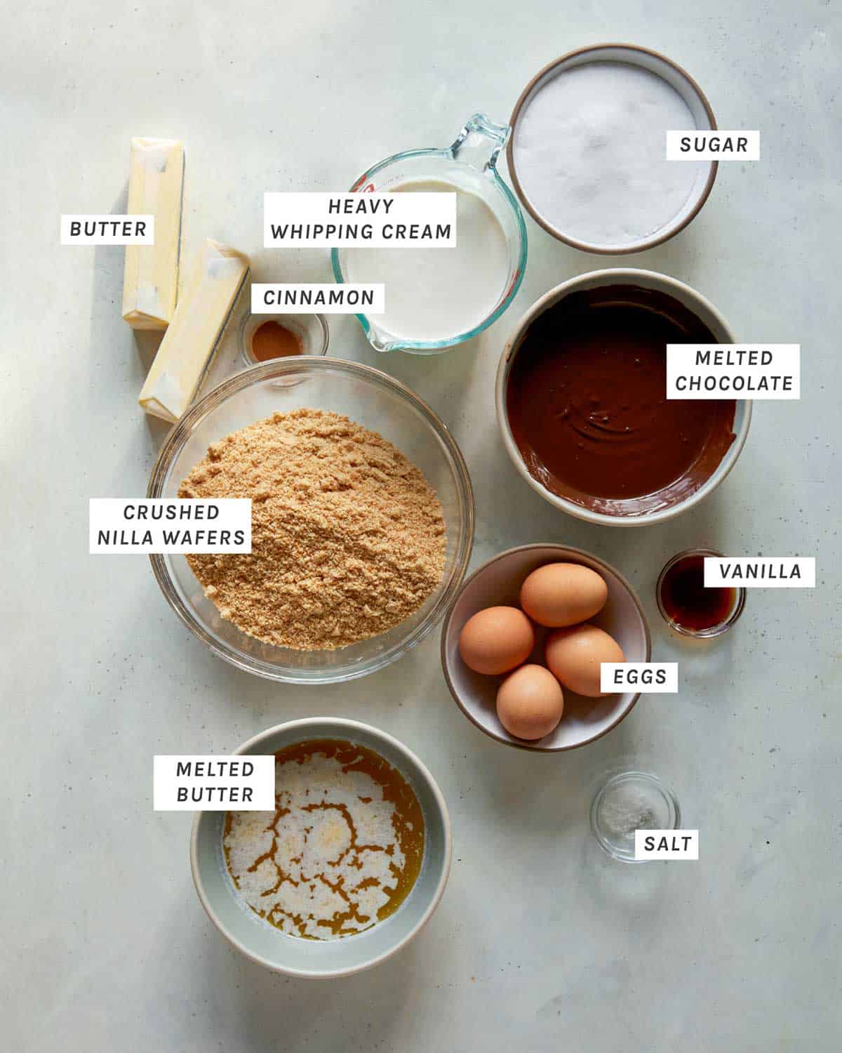 French silk pie ingredients all laid out on a kitchen counter. 