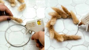 The process of gluing bunny tails on a metal ring.