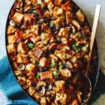 Mushroom and sage stuffing in a baking dish.