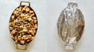 A baking dish with stuffing, and then covered with foil.