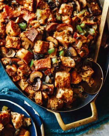 Mushroom and sage stuffing in a baking dish.