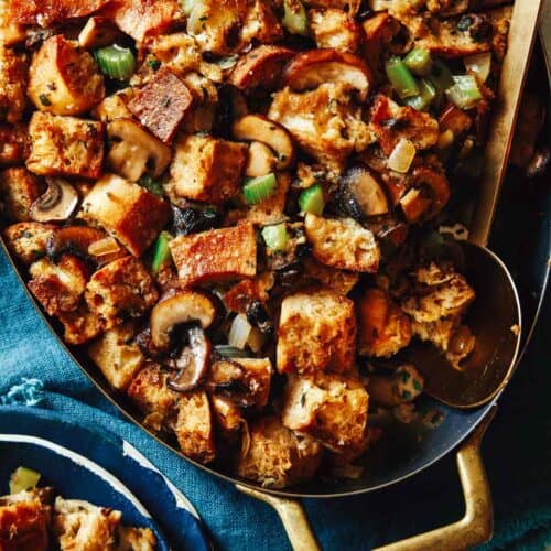 Mushroom and sage stuffing in a baking dish.