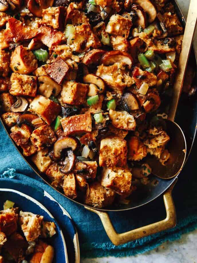 Mushroom and sage stuffing in a baking dish.