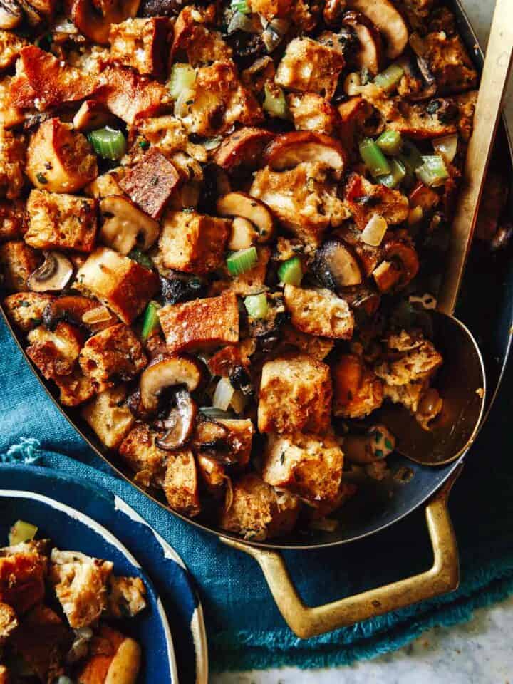 Mushroom and sage stuffing in a baking dish.