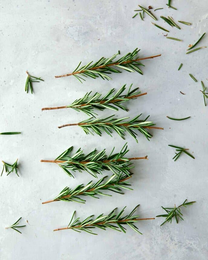 Rosemary sprigs with ends trimmed and leaves removed.