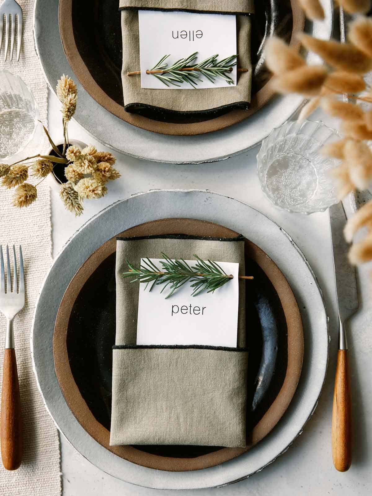 Rosemary Sprig Place Card DIY on a table setting. 