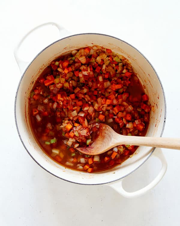 The start of beef ragu in a stock pot.