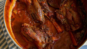 Braised lamb shanks in a dutch oven.