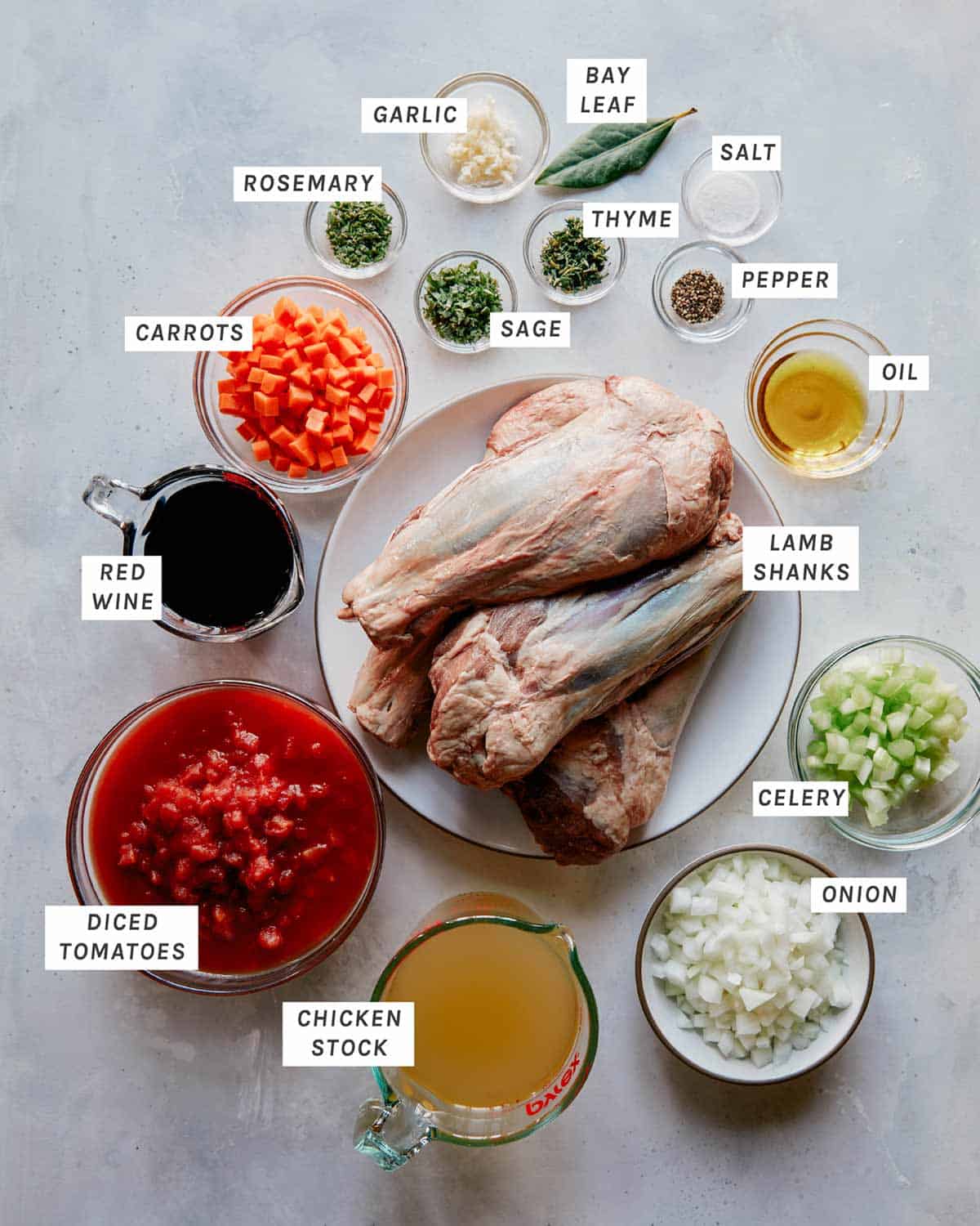 Ingredients for Braised Lamb Shanks recipe on a kitchen counter. 