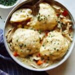 Chicken and Dumplings recipe in a bowl with a spoon taken a piece out of one of the dumplings.