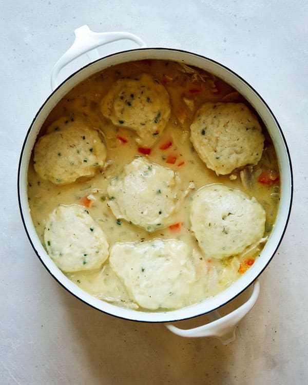 Chicken and dumplings in a pot on a kitchen counter.