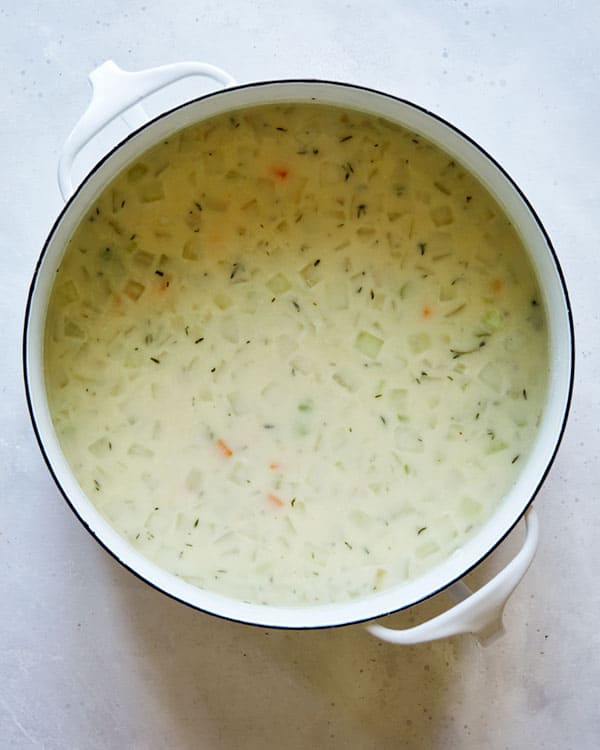 A simple soup in a pot on a kitchen counter.