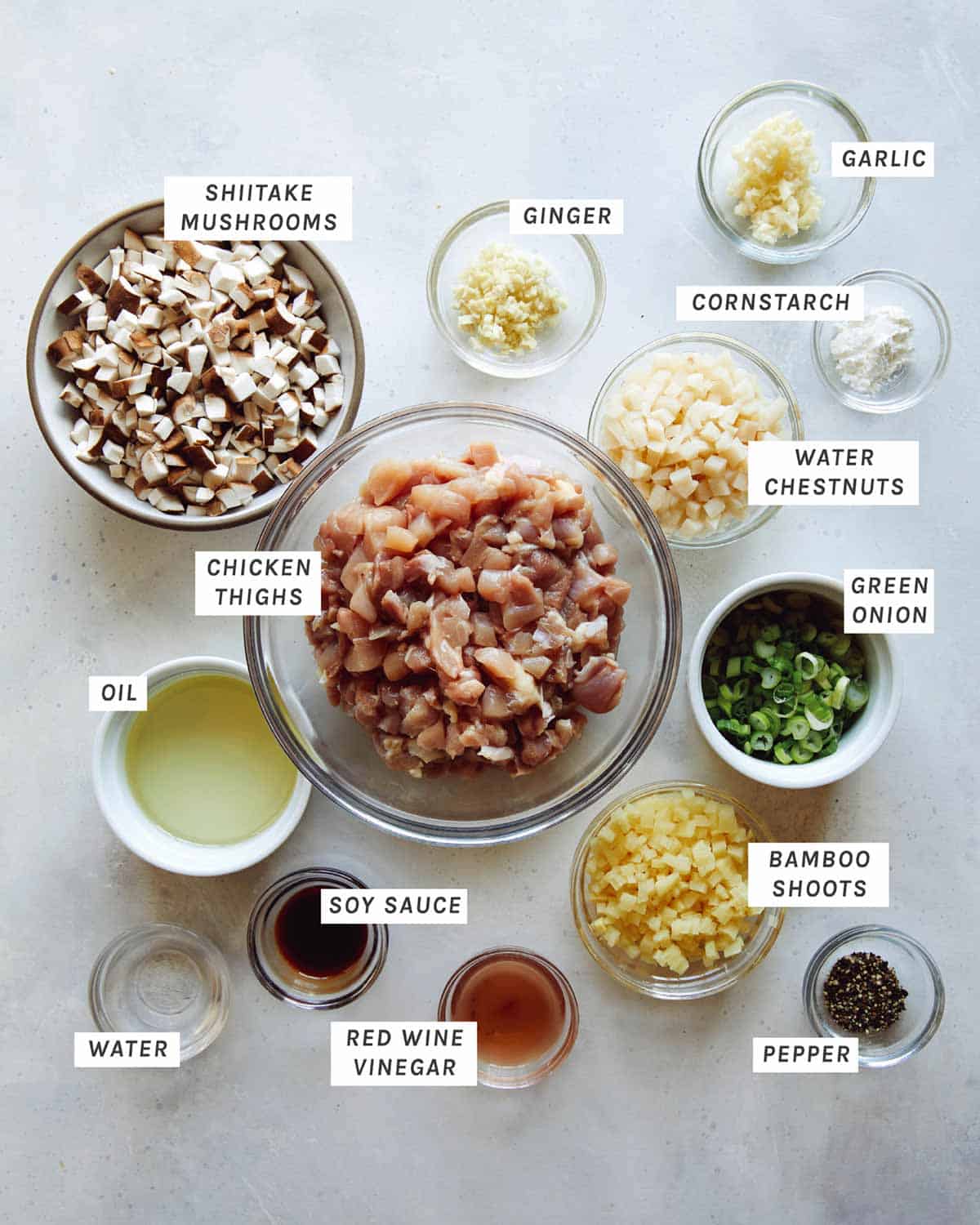 Ingredients for chicken lettuce wraps filling. 