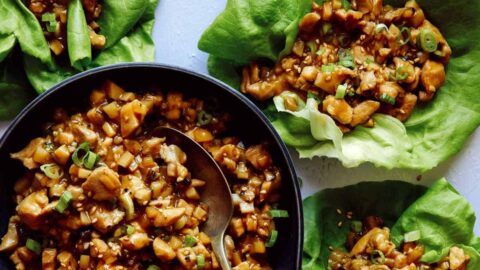 Chicken lettuce wraps with lettuce cups full of the chicken mixture.