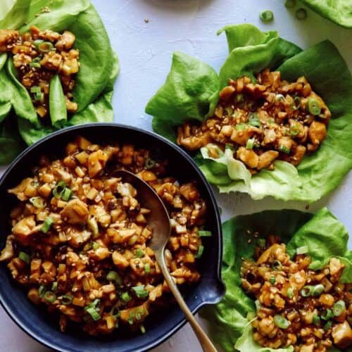 Chicken lettuce wraps with lettuce cups full of the chicken mixture.