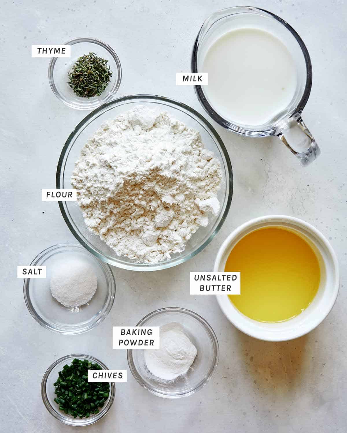 Ingredients for dumplings to make chicken and dumplings on a kitchen counter.