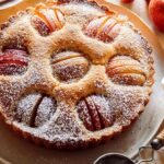 German Apple Cake on a platter with a slice out.