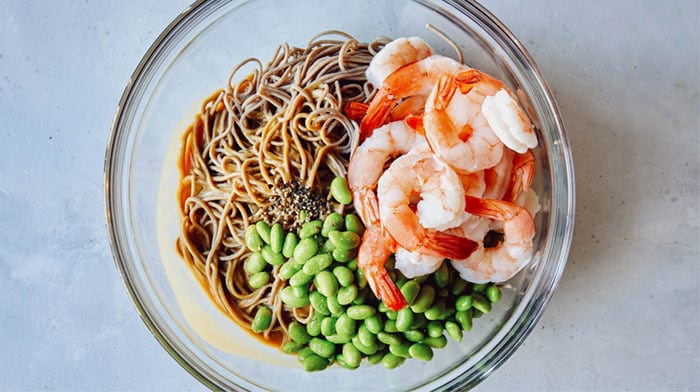 Soba noodle recipe ingredients in a bowl.