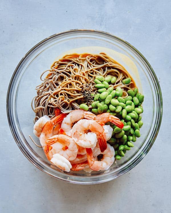 Soba noodle recipe ingredients in a bowl.