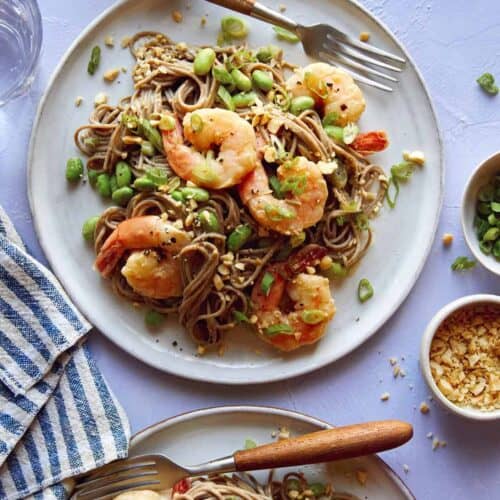 Shrimp and soba noodle recipe on two plates with sesame seeds on the side.