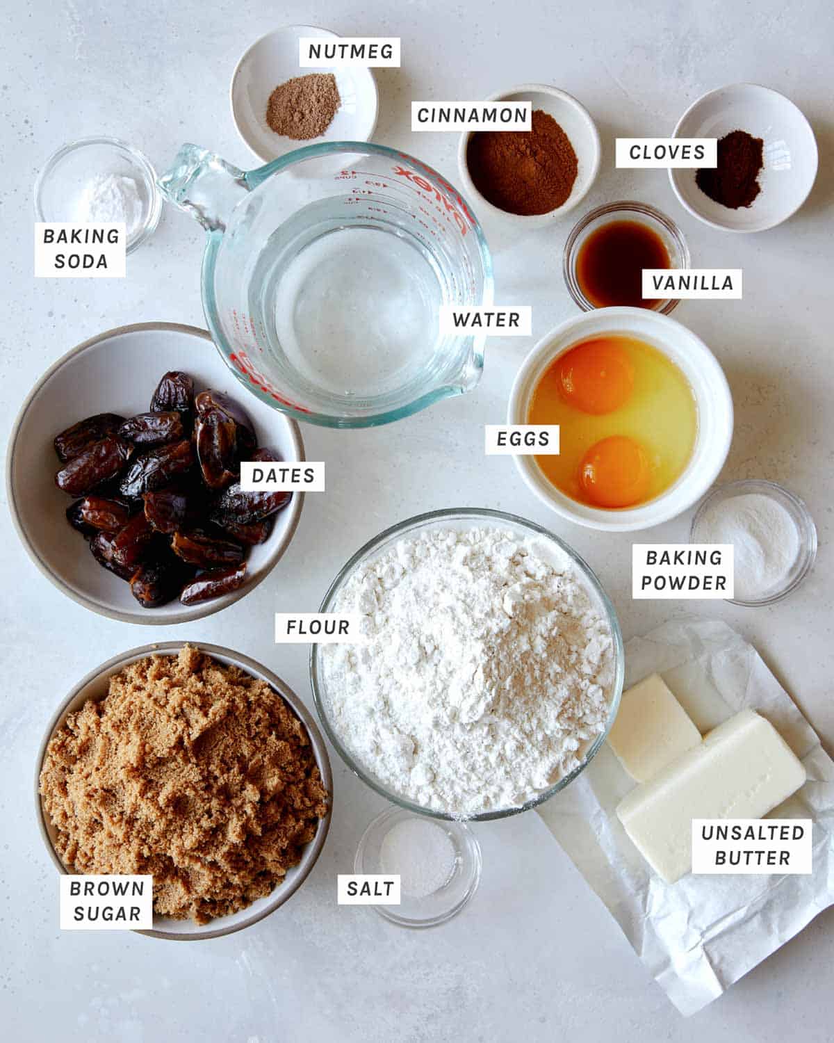 Sticky Toffee pudding ingredients all laid out on a kitchen counter.